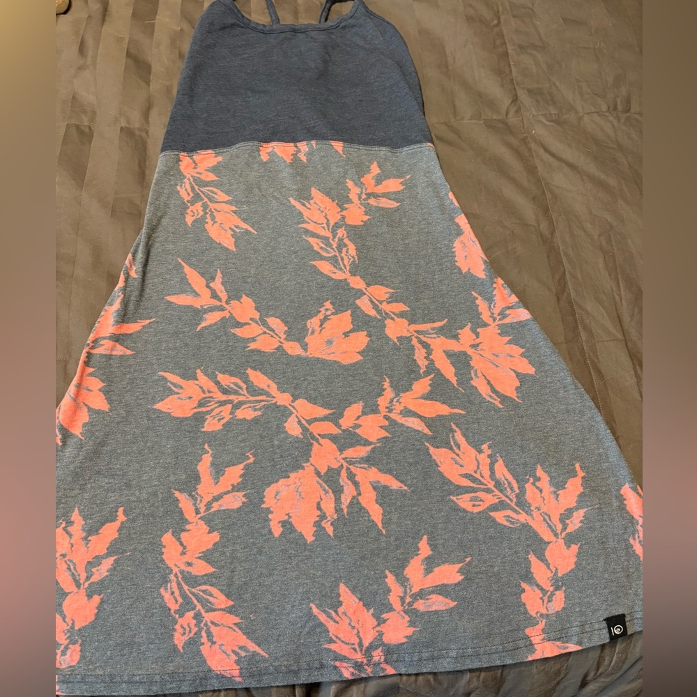 Gray and Coral Leaf Print Dress.  Tentree.